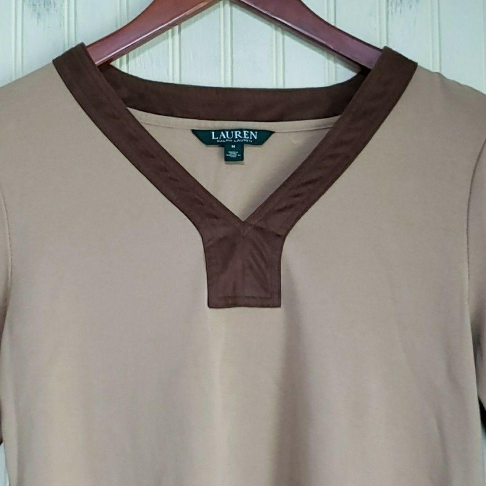 Lauren Ralph Lauren Shirt Womens Medium Beige V Neck 3/4 Sleeve Cotton Tunic Top